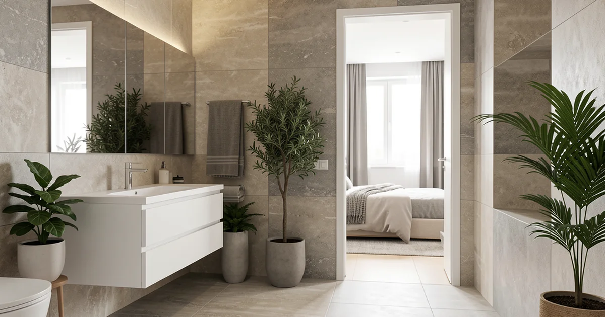 Diseño de baño sin barreras con azulejos cerámicos de gran formato, tendencias 2026