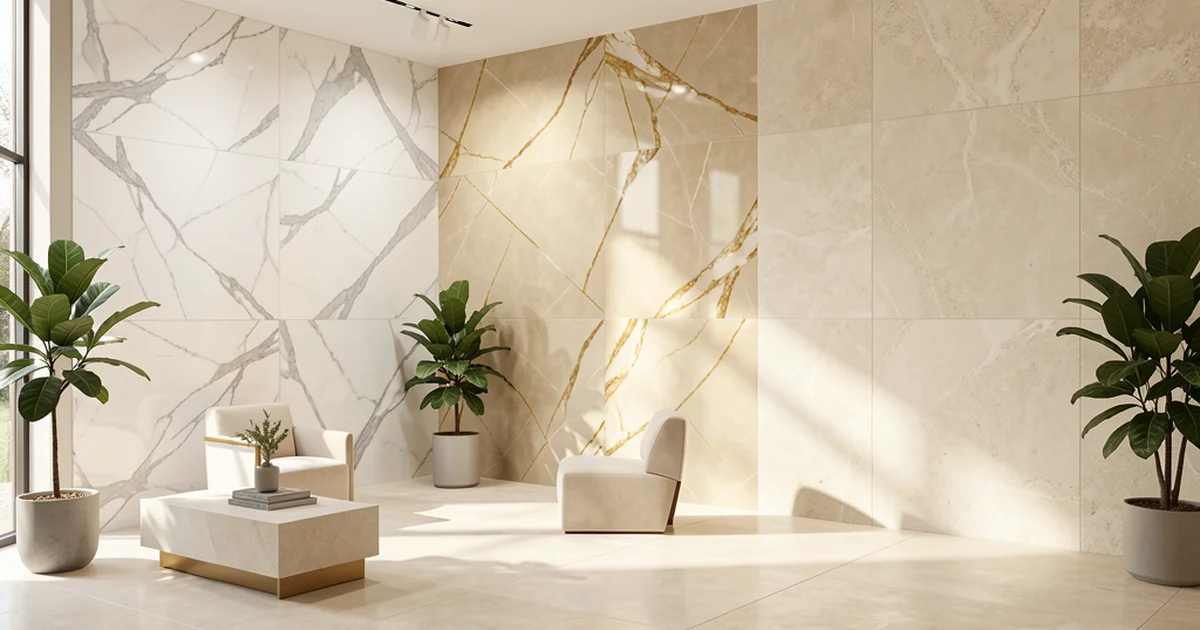 Colección Crossville Reunited 2026 - porcelánico inspirado en piedra natural con acabado FeatherSoft, visuales Apuano, Oro y Avorio