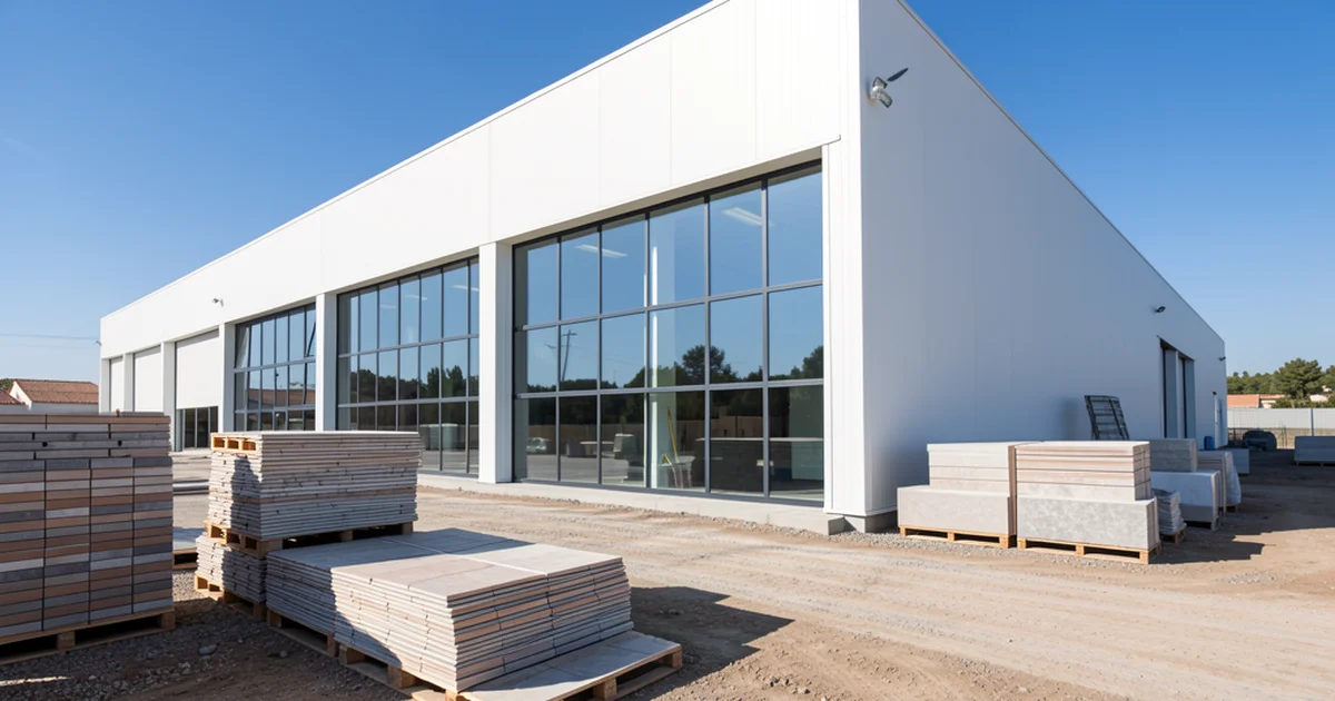 Fábrica de cerámica Victoria PLC en Castellón, con palets de azulejos y pavimentos cerámicos al exterior