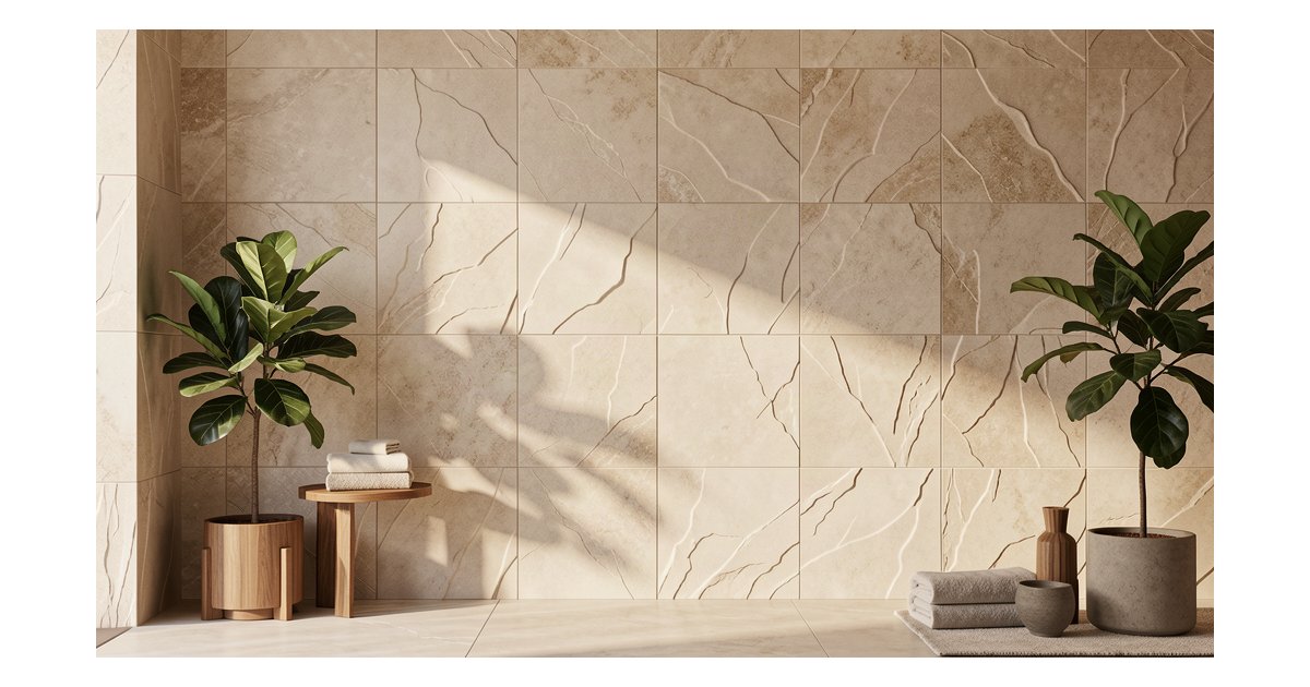 Azulejos con relieve en bano moderno con textura 3D, tonos beige y piedra