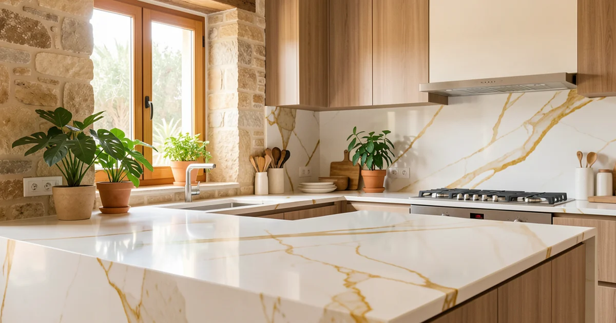 Encimera de cuarzo blanco con vetas doradas en cocina moderna