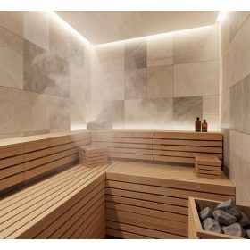 Sauna moderna con azulejos porcelánicos en tonos beige y gris, diseño nórdico minimalista