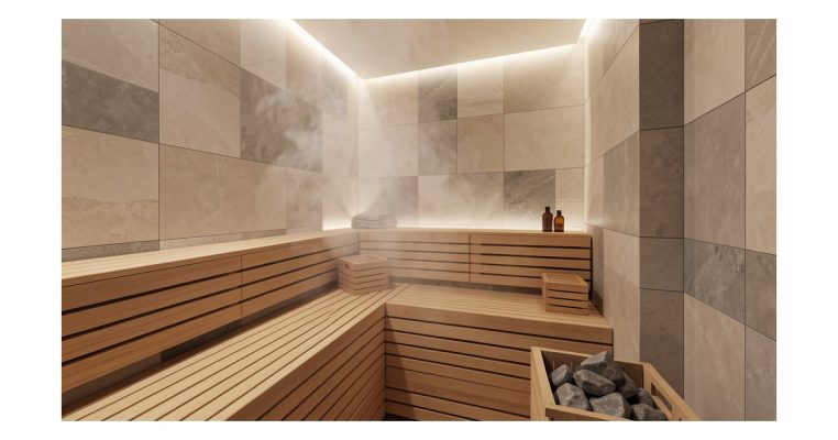 Sauna moderna con azulejos porcelánicos en tonos beige y gris, diseño nórdico minimalista