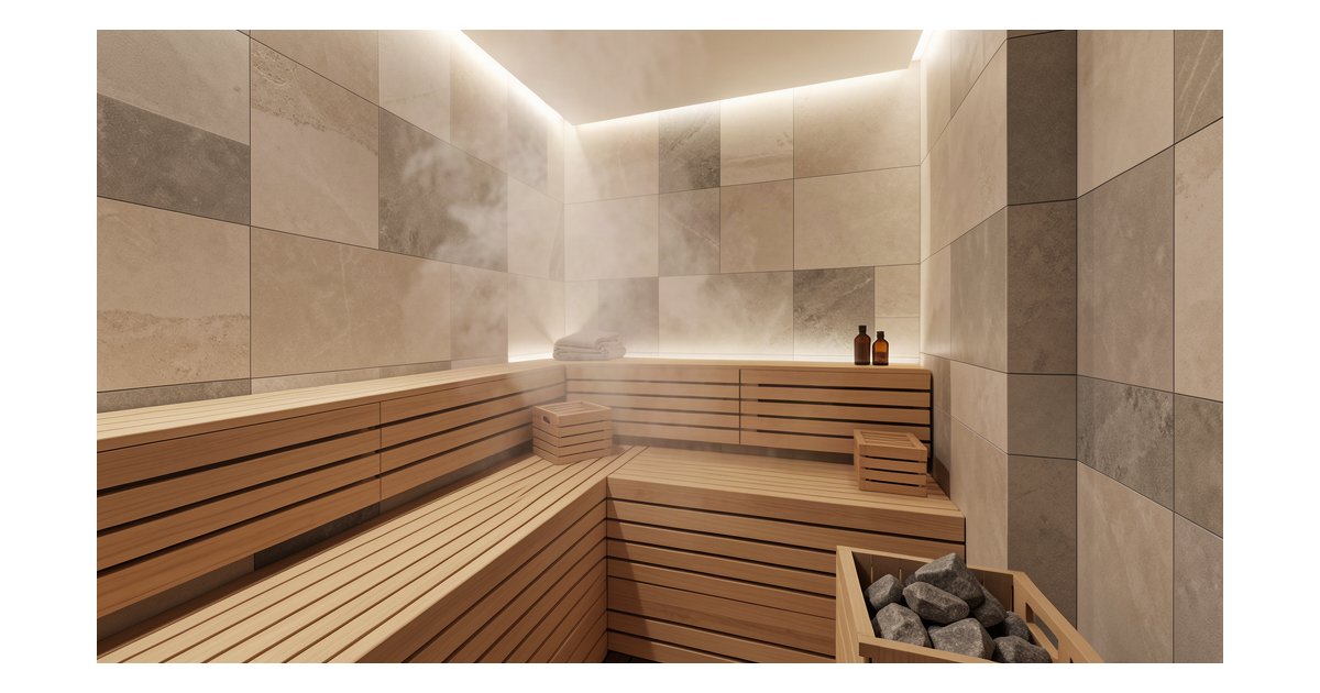 Sauna moderna con azulejos porcelánicos en tonos beige y gris, diseño nórdico minimalista