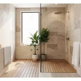 Baño moderno estilo spa con azulejos porcelánicos beige, ducha amplia, luz natural y plantas