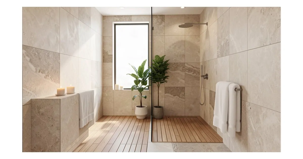 Baño moderno estilo spa con azulejos porcelánicos beige, ducha amplia, luz natural y plantas
