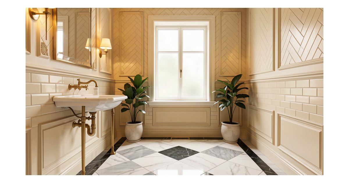 Azulejos clásicos 2026 en baño elegante con metro en espiga y damero