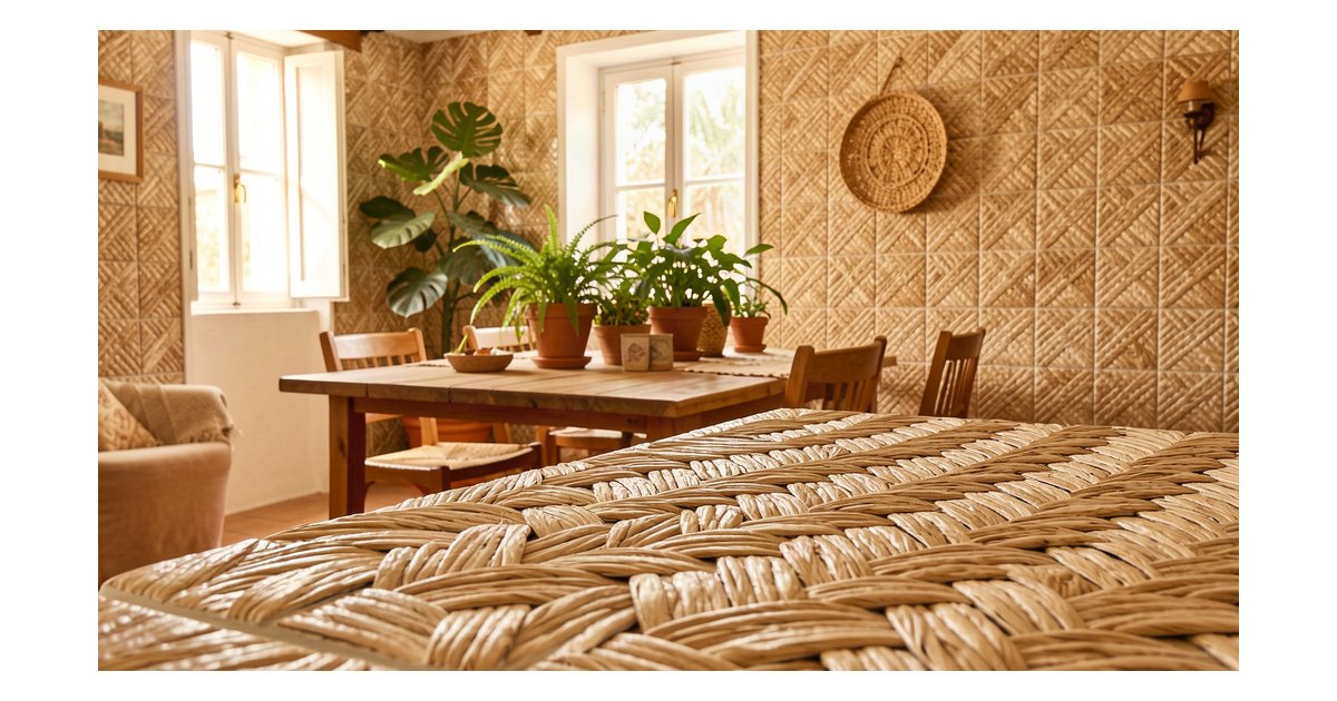 Azulejos efecto mimbre 2026 en pared decorativa, interior luminoso estilo mediterráneo-boho con plantas y madera natural