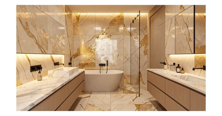 Azulejos efecto oro en cuarto de baño moderno con acabados dorados y mármol