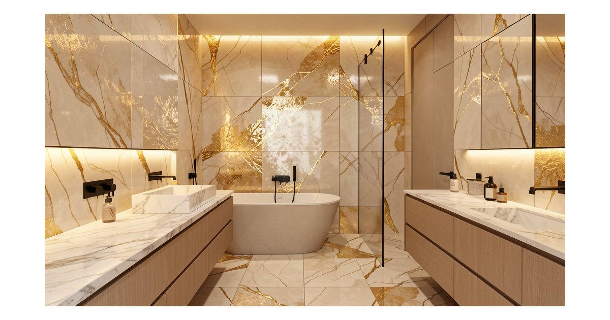 Azulejos efecto oro en cuarto de baño moderno con acabados dorados y mármol
