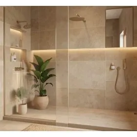 Azulejos efecto yute en baño moderno nórdico 2026