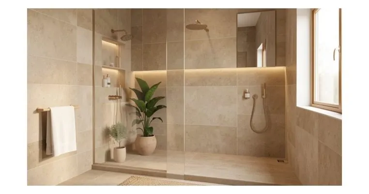 Azulejos efecto yute en baño moderno nórdico 2026