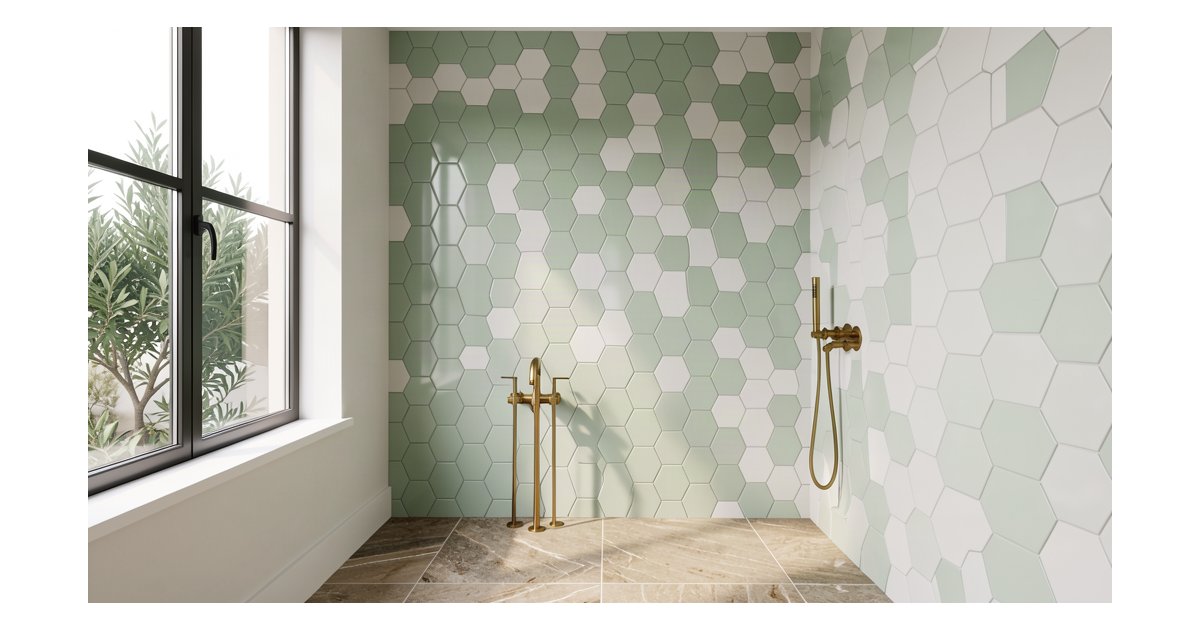 Baño moderno con azulejos hexagonales en verde salvia y blanco, patrón geométrico panal de abeja, grifería dorada