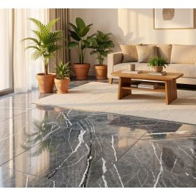 Azulejos porcelánicos imitación granito pulido en salón moderno 2026