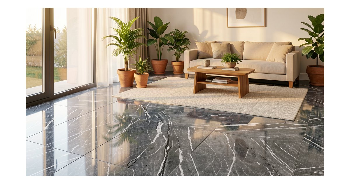 Azulejos porcelánicos imitación granito pulido en salón moderno 2026