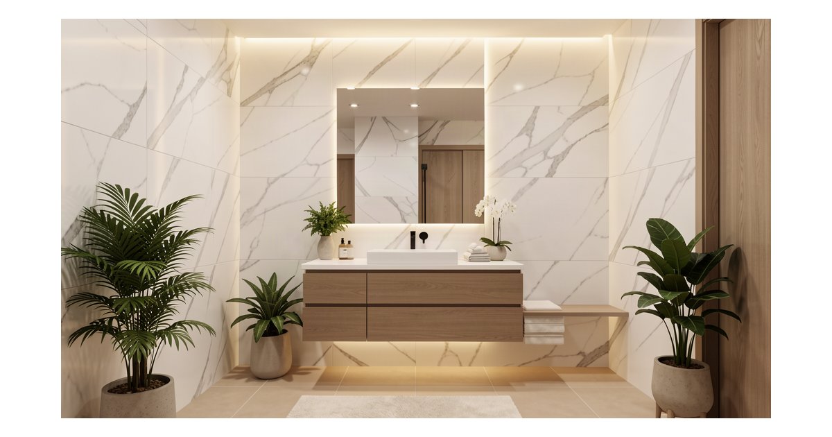 Azulejos imitación mármol 2026 en baño moderno con formato gran tamaño