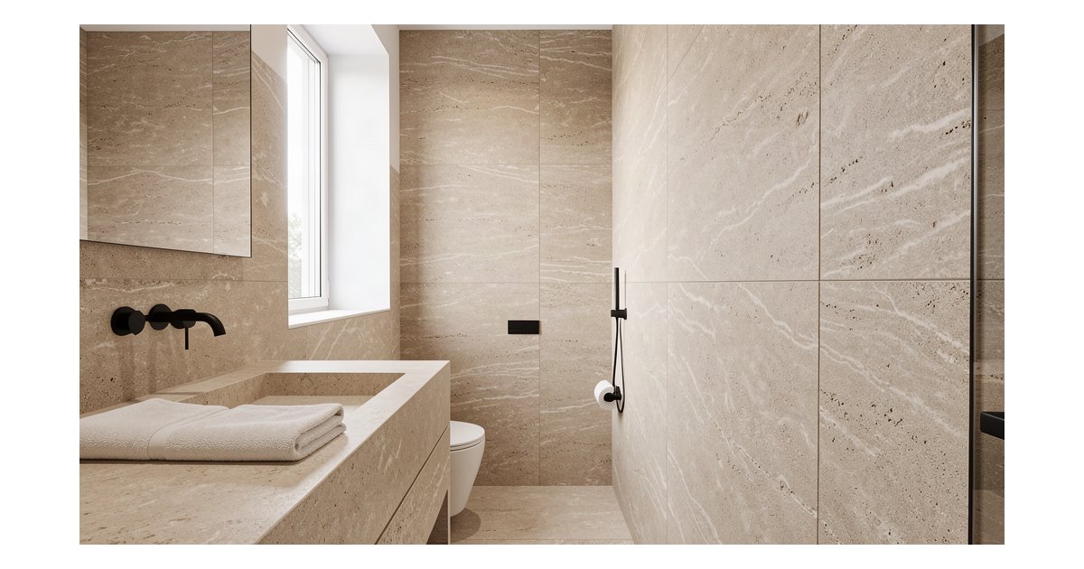 Baño reformado con azulejos imitación piedra caliza beige y grifería negra mate