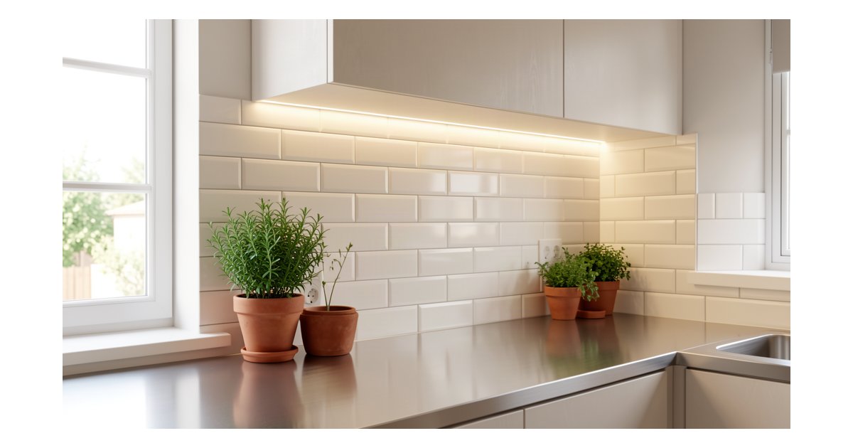 Salpicadero cocina con azulejos tipo metro blanco mate, cocina moderna
